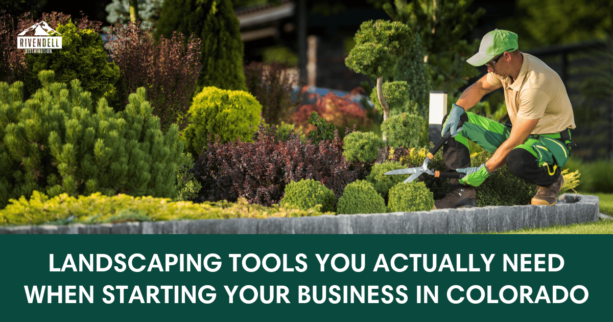 Landscaper using a leaf blower on shrubs with article title overlay on landscaping tools for Colorado businesses.