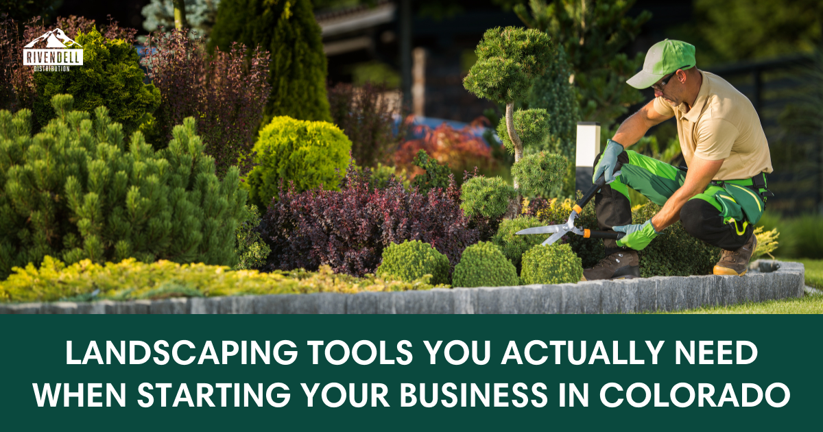 Landscaper using a leaf blower on shrubs with article title overlay on landscaping tools for Colorado businesses.