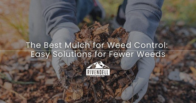 Gloved hands cupping wood-chip mulch above autumn leaves with article title overlay on best mulch for weed control.