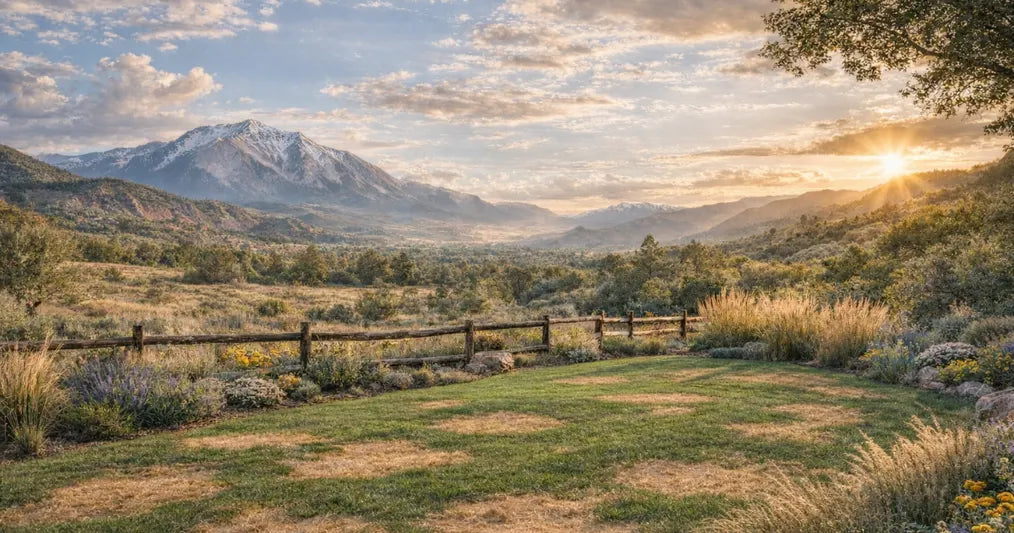 Sunset view over a Colorado mountain valley with wood-rail fence and a dry-grass meadow in the foreground.