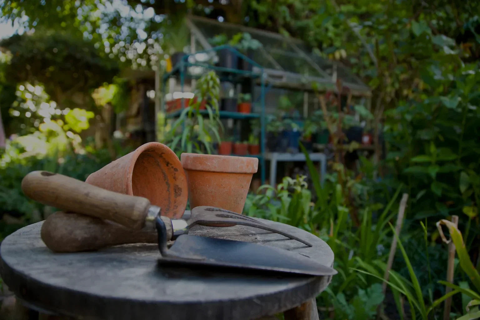 Vintage hand trowel and clay pots resting on a wooden stool in front of a backyard greenhouse.