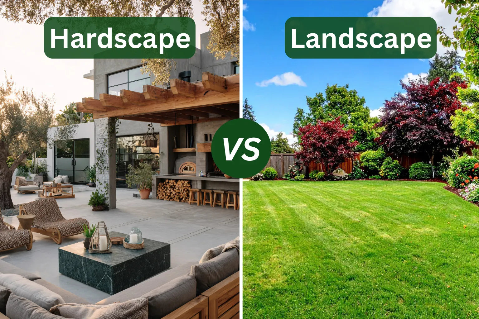 Side-by-side comparison: Hardscape patio with pizza oven and outdoor furniture vs Landscape with manicured green lawn and trees.