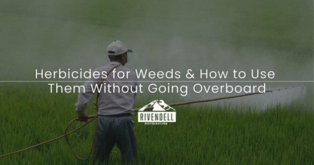 Farmer spraying herbicide across a misted field with article title overlay on responsible herbicide use.