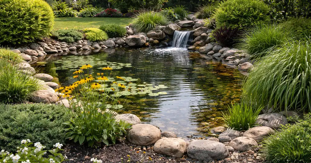 Backyard pond with rock-lined edges, a small stone waterfall, water plants, and yellow blooms.