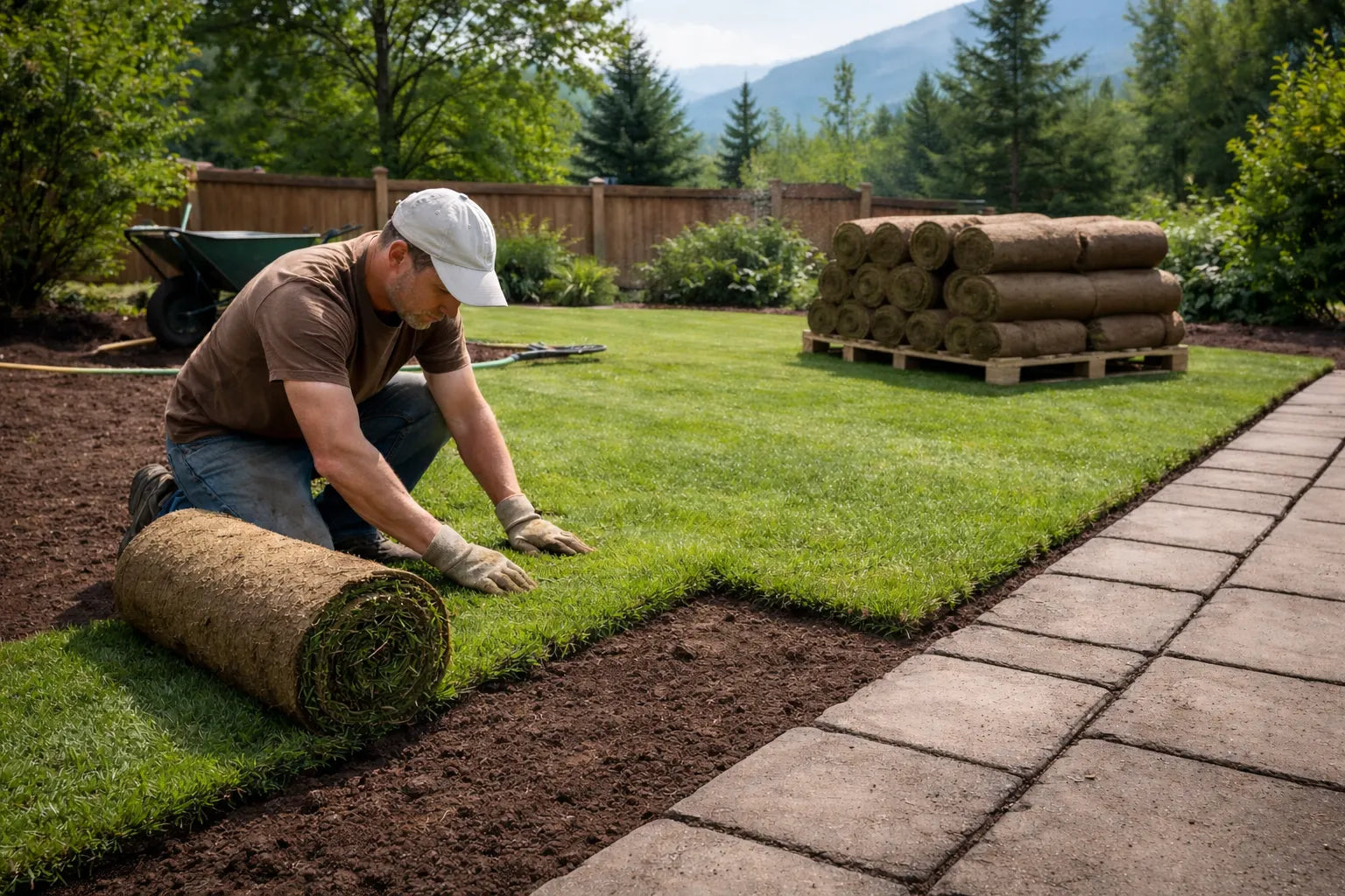 Landscaper rolling out a fresh sod strip on bare soil next to a paver patio with a Colorado mountain backdrop.