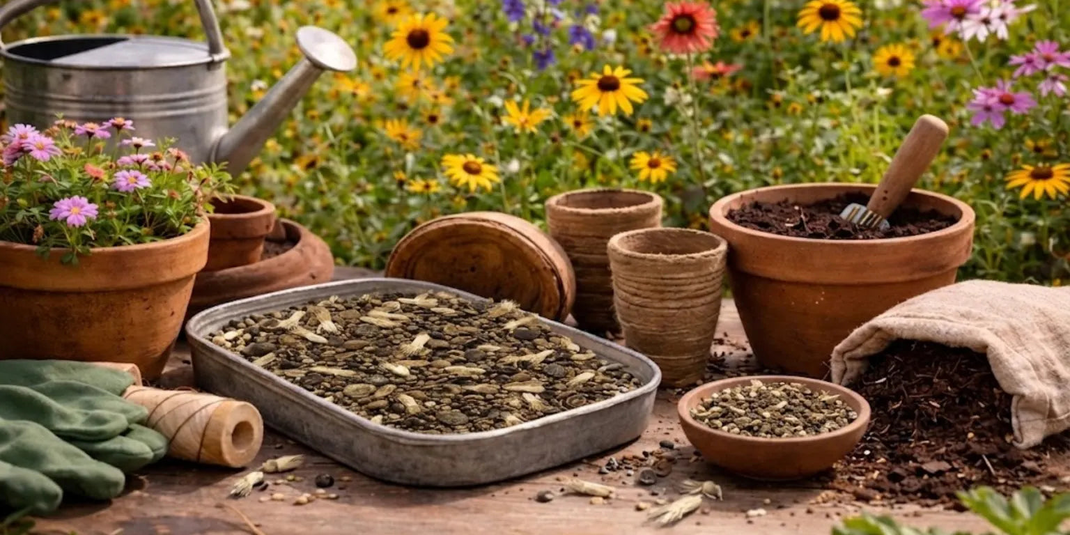 Wooden potting table with watering can, terracotta pots, seed packets, and tools in front of a wildflower meadow.