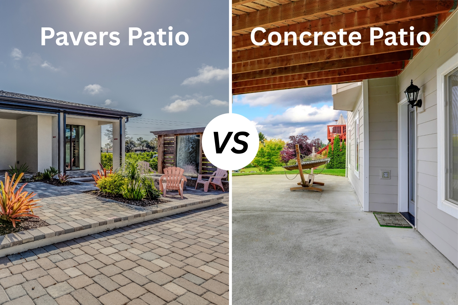 Side-by-side comparison: Pavers Patio on the left and Concrete Patio on the right, separated by a versus badge.