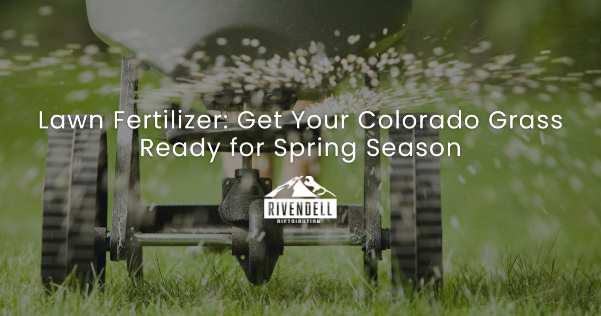 Red broadcast spreader applying fertilizer to a green lawn with article title overlay on Colorado lawn fertilizer for spring.