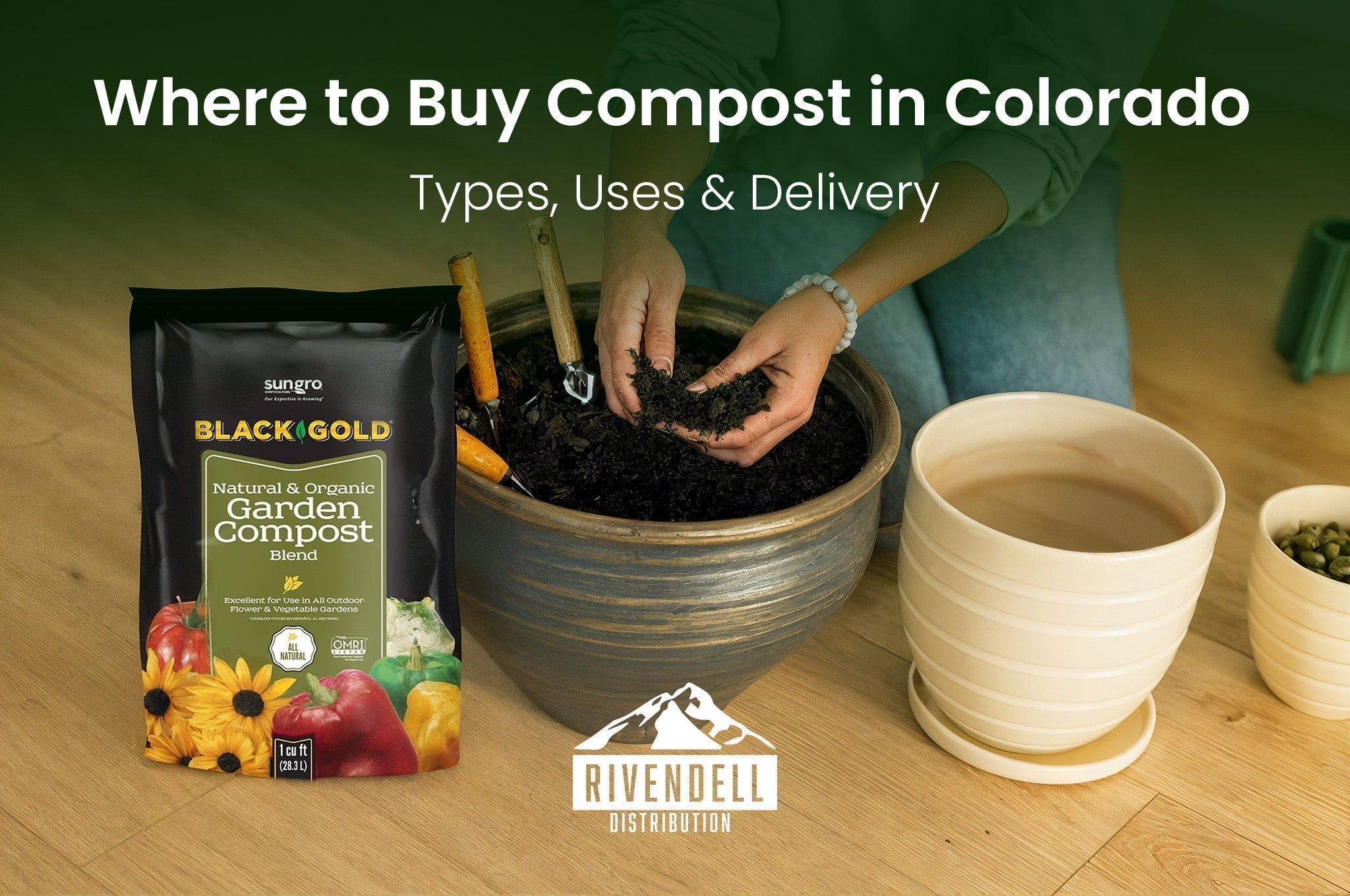 Hand scooping Sun Gro Black Gold Garden Compost from a bag into a ceramic planter, titled Where to Buy Compost in Colorado.