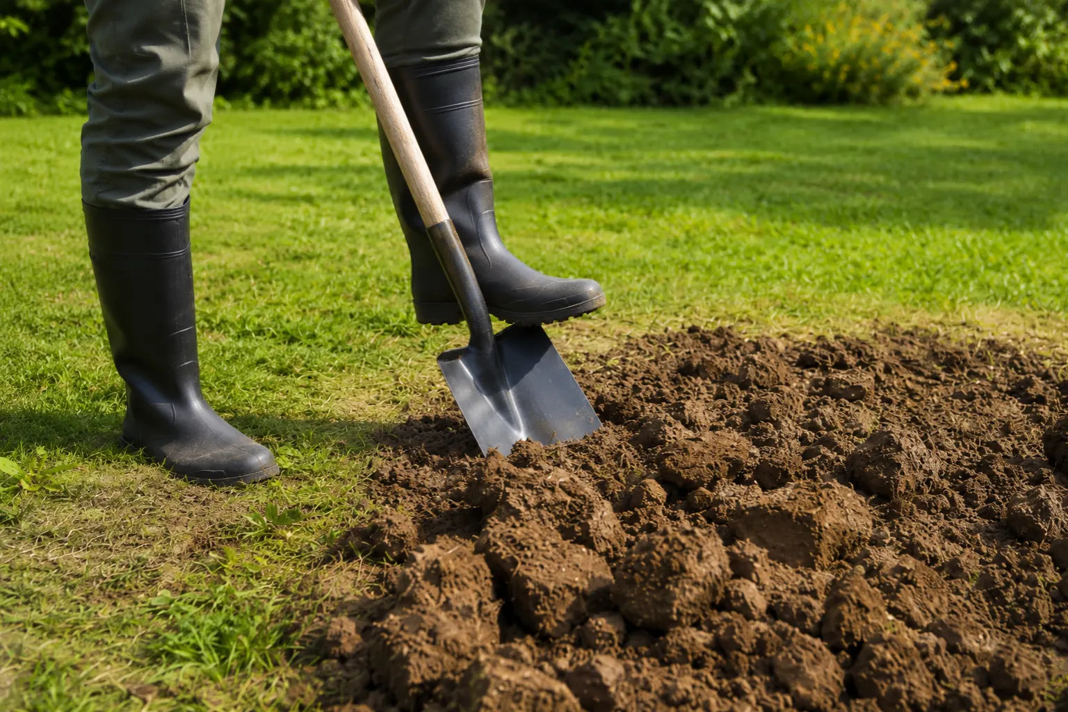Gardener turning over dark soil with a spade at the edge of a lawn