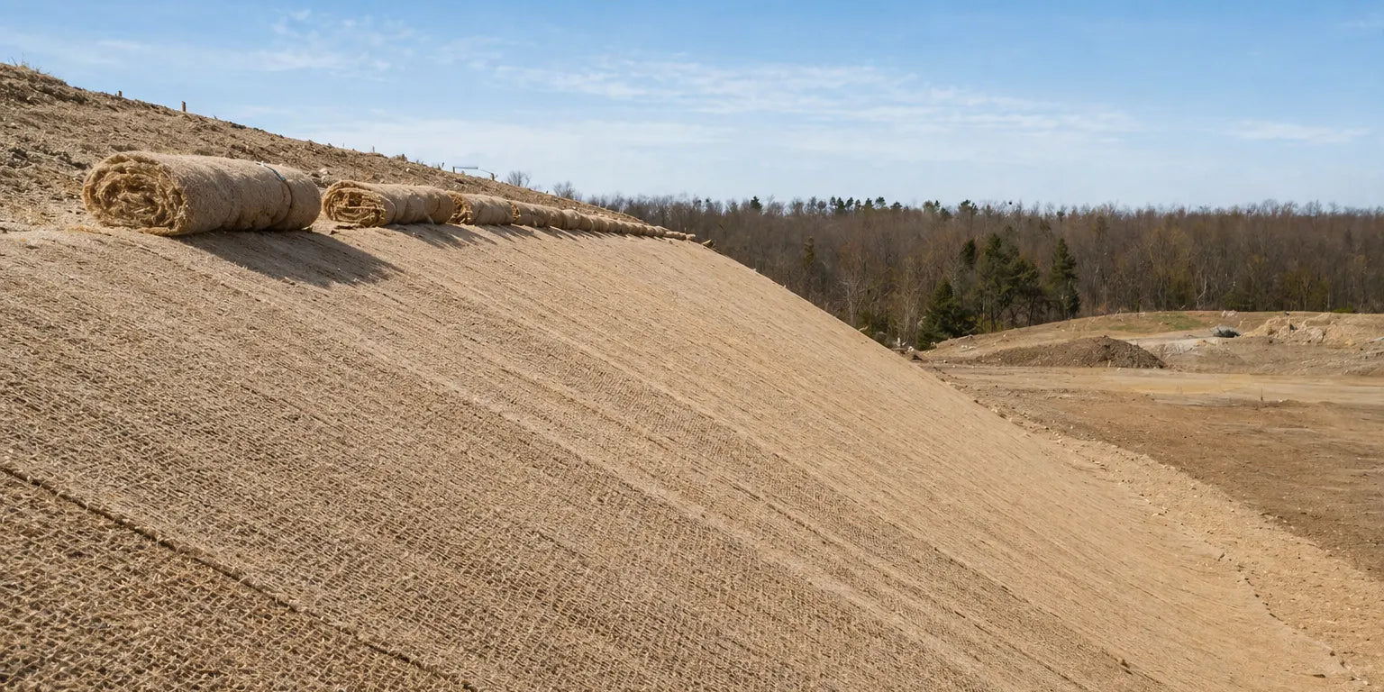 Large hillside covered with rolled erosion control blankets, with two rolls staged on top under a clear blue sky.