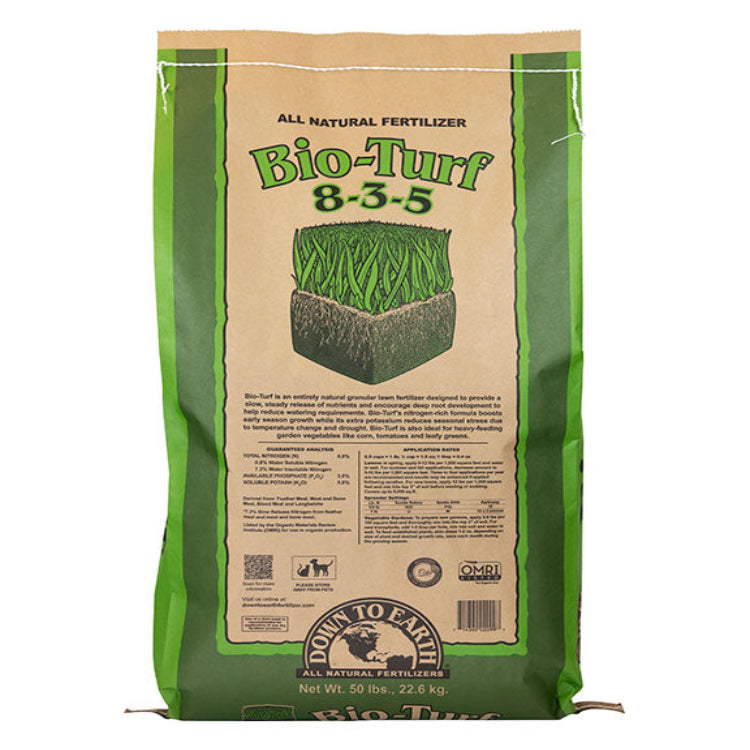 Down To Earth Bio-Turf 8-3-5 all-natural lawn fertilizer in 50 lb bag, OMRI listed.