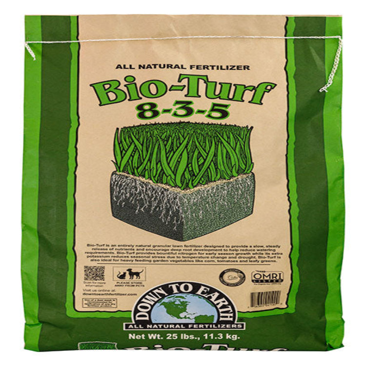 Down To Earth Bio-Turf 8-3-5 all-natural lawn fertilizer in 25 lb bag, OMRI listed.