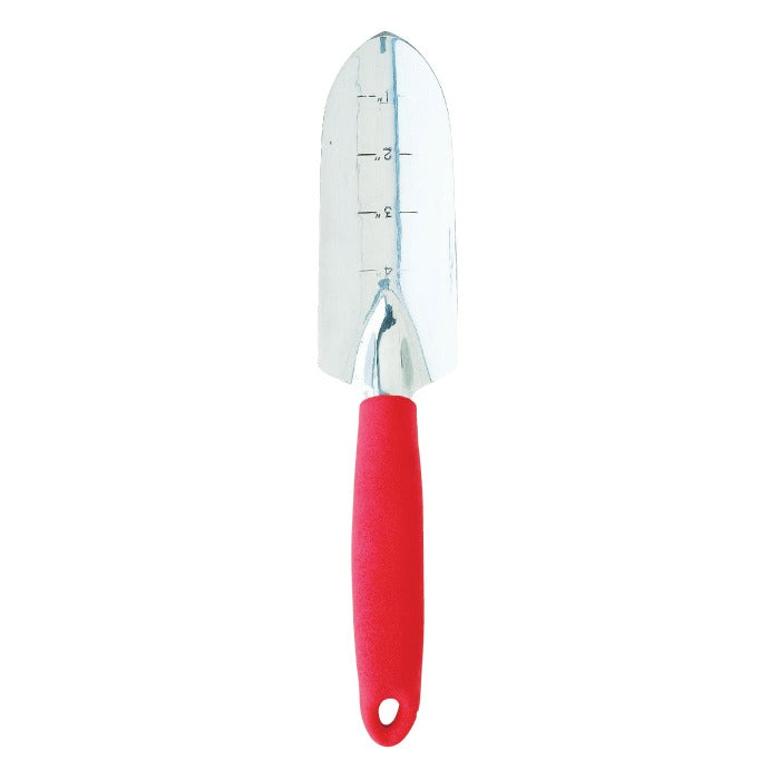Corona Transplanter: Metal transplanting trowel with red handle, depth markings for precise planting.
