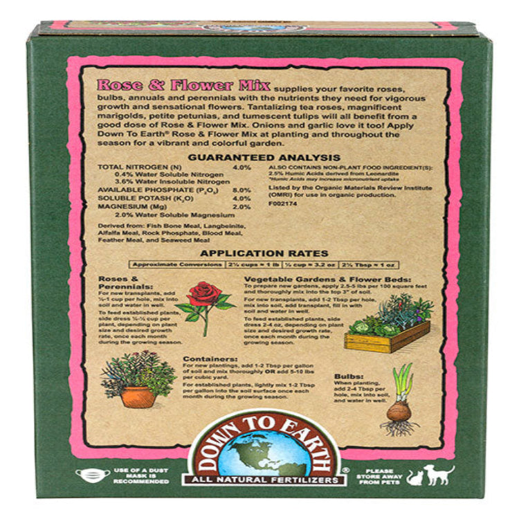 Back of Rose & Flower Mix 4-8-4 box showing guaranteed analysis, ingredients, and application rates.