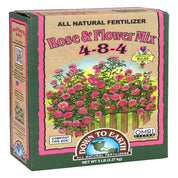 Down To Earth Rose & Flower Mix 4-8-4 all-natural fertilizer in 5 lb cardboard box, OMRI listed.