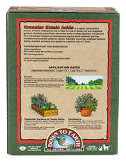 Back of Granular Humic Acids box showing ingredients and application rates for lawns and flower beds.