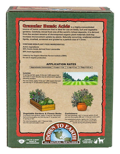 Back of Granular Humic Acids box showing ingredients and application rates for lawns and flower beds.