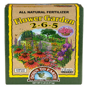 Down To Earth Flower Garden 2-6-5 all-natural fertilizer in 5 lb cardboard box, OMRI listed.