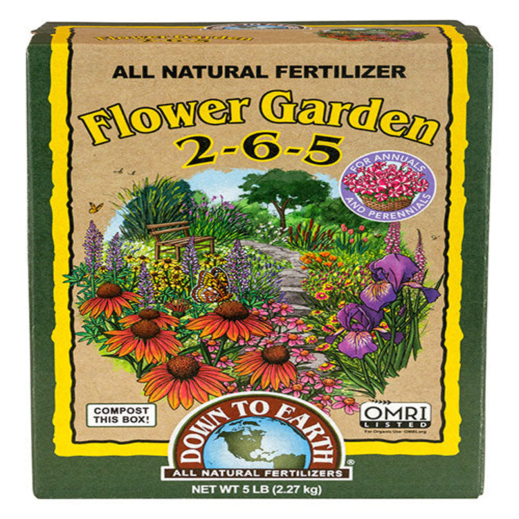 Down To Earth Flower Garden 2-6-5 all-natural fertilizer in 5 lb cardboard box, OMRI listed.