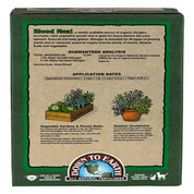Organic blood meal fertilizer box showing application rates and benefits for vegetable gardens and containers.
