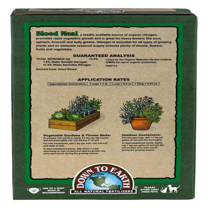 Organic blood meal fertilizer box showing application rates and benefits for vegetable gardens and containers.
