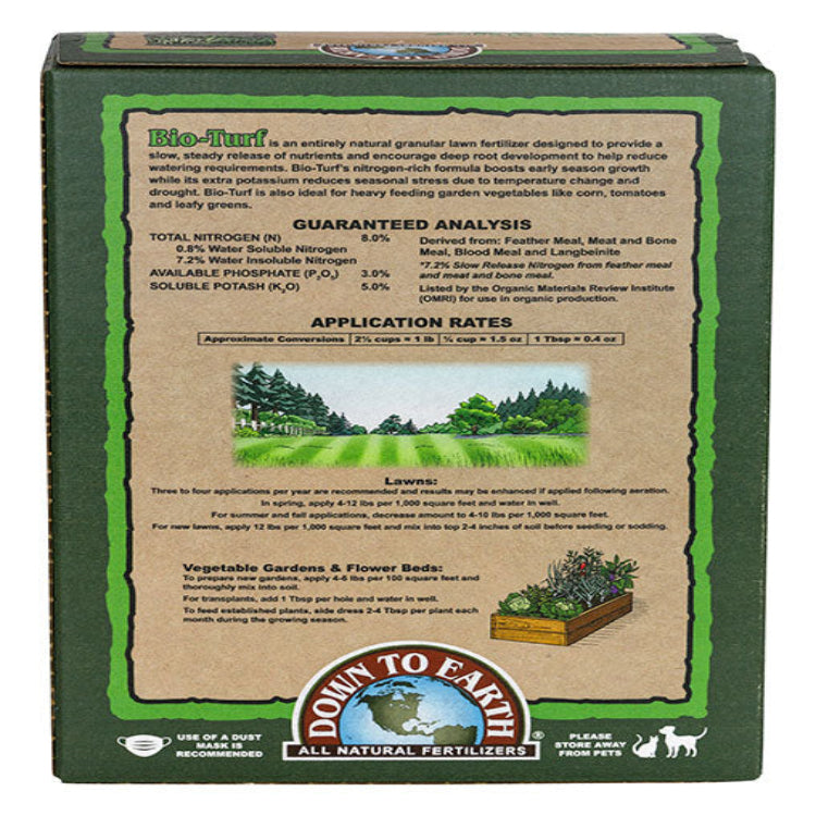 Back of Bio-Turf 8-3-5 box showing guaranteed analysis, ingredients, and application rates.