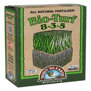 Down To Earth Bio-Turf 8-3-5 all-natural lawn fertilizer in 4 lb cardboard box, OMRI listed.