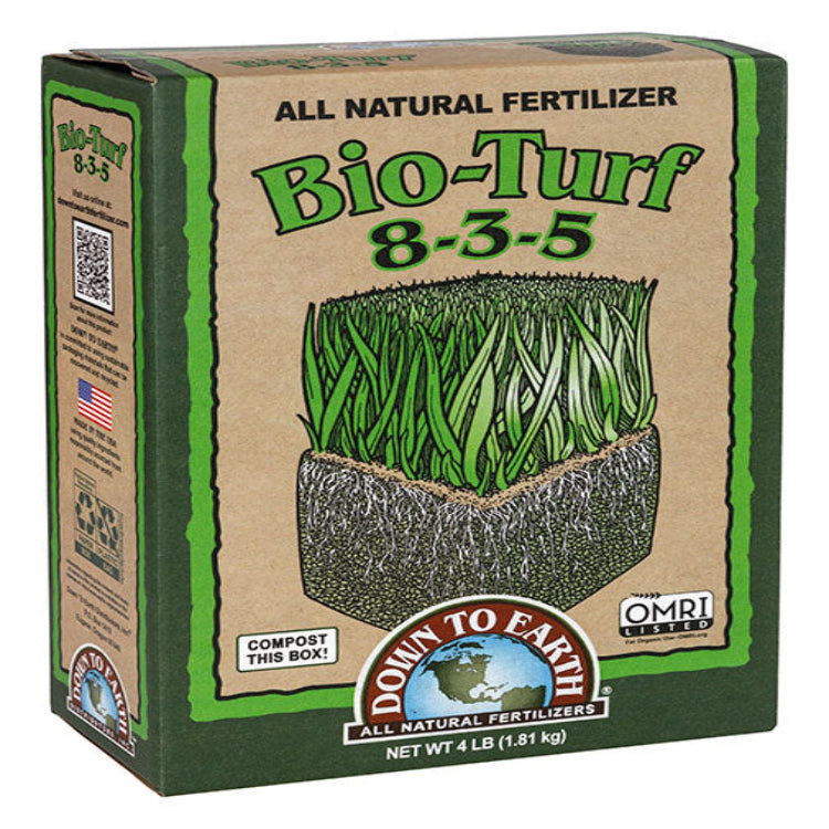 Down To Earth Bio-Turf 8-3-5 all-natural lawn fertilizer in 4 lb cardboard box, OMRI listed.