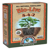 Down To Earth Bio-Live 5-4-2 starter and transplant fertilizer in 4 lb cardboard box, OMRI listed.