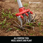 Closeup of DiscCULTIVATOR head with tagline: all-purpose tool to weed, aerate, and plant.