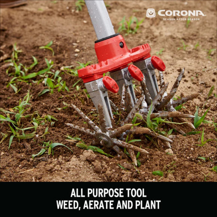 Closeup of DiscCULTIVATOR head with tagline: all-purpose tool to weed, aerate, and plant.