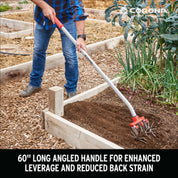 Gardener using DiscCULTIVATOR with 60-inch angled handle to till soil in a raised garden bed.