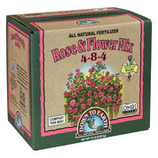 Down To Earth Rose & Flower Mix 4-8-4 all-natural fertilizer in 15 lb cardboard box, OMRI listed.