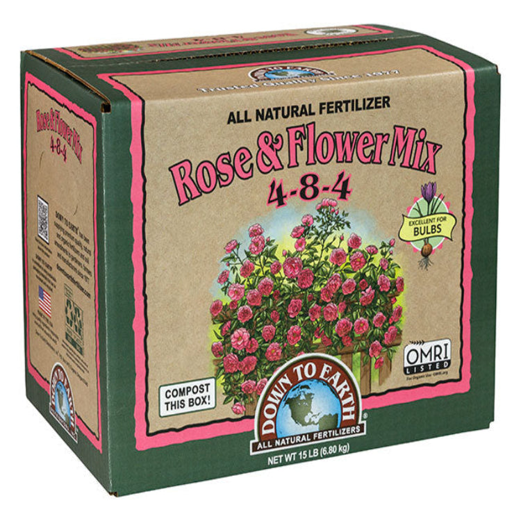 Down To Earth Rose & Flower Mix 4-8-4 all-natural fertilizer in 15 lb cardboard box, OMRI listed.