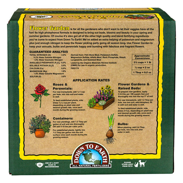 Back of Flower Garden 2-6-5 box showing guaranteed analysis, ingredients, and application rates.
