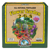 Down To Earth Flower Garden 2-6-5 all-natural fertilizer in 15 lb cardboard box, OMRI listed.