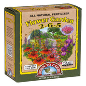 Down To Earth Flower Garden 2-6-5 all-natural fertilizer in 1 lb cardboard box, OMRI listed.