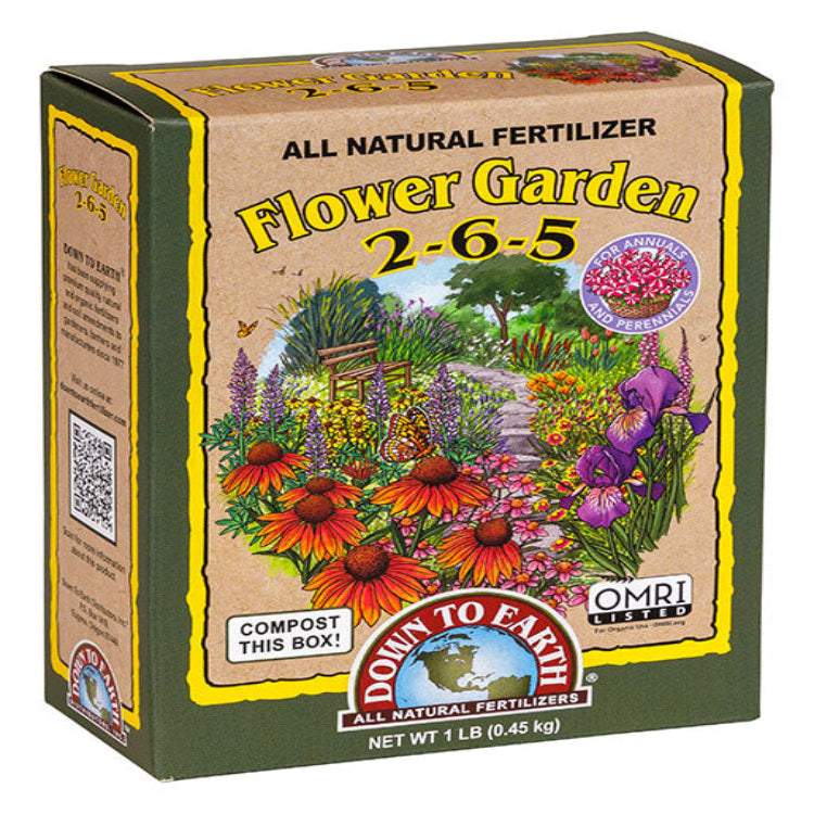 Down To Earth Flower Garden 2-6-5 all-natural fertilizer in 1 lb cardboard box, OMRI listed.