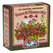 Down To Earth Rose & Flower Mix 4-8-4 all-natural fertilizer in 1 lb cardboard box, OMRI listed.