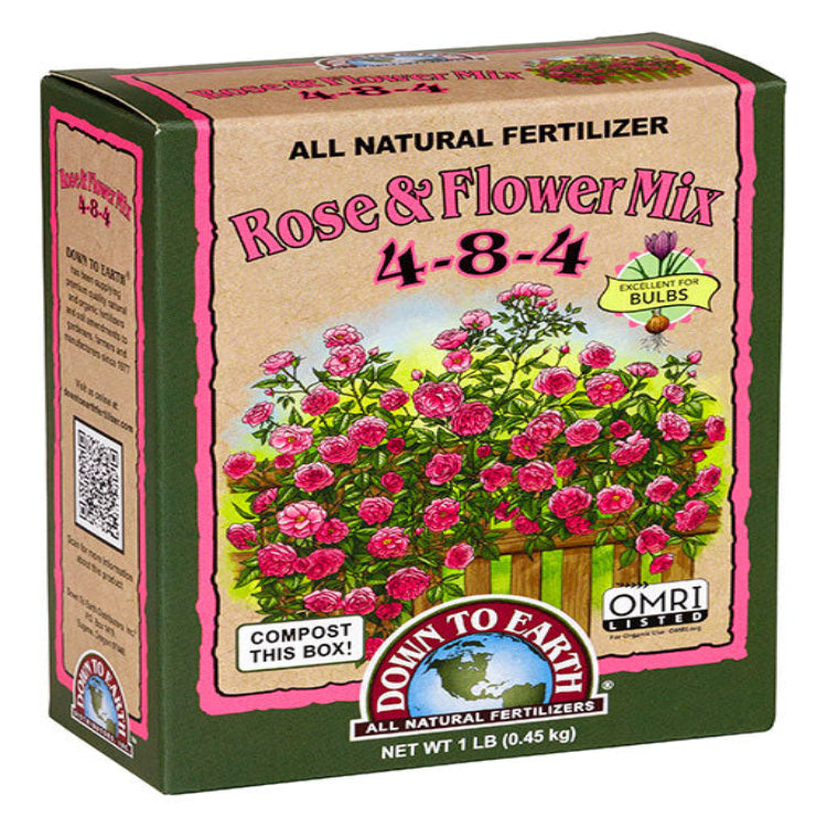 Down To Earth Rose & Flower Mix 4-8-4 all-natural fertilizer in 1 lb cardboard box, OMRI listed.