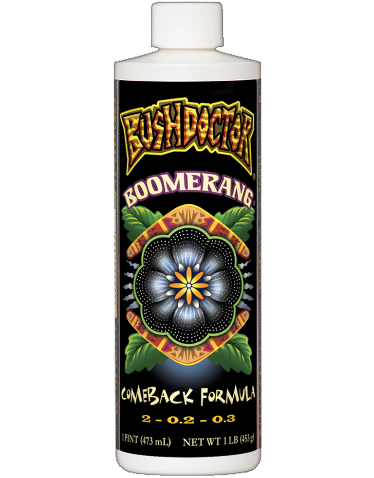 Bush Doctor Boomerang Comeback Formula 2-0.2-0.3 plant tonic in 1 pint bottle.