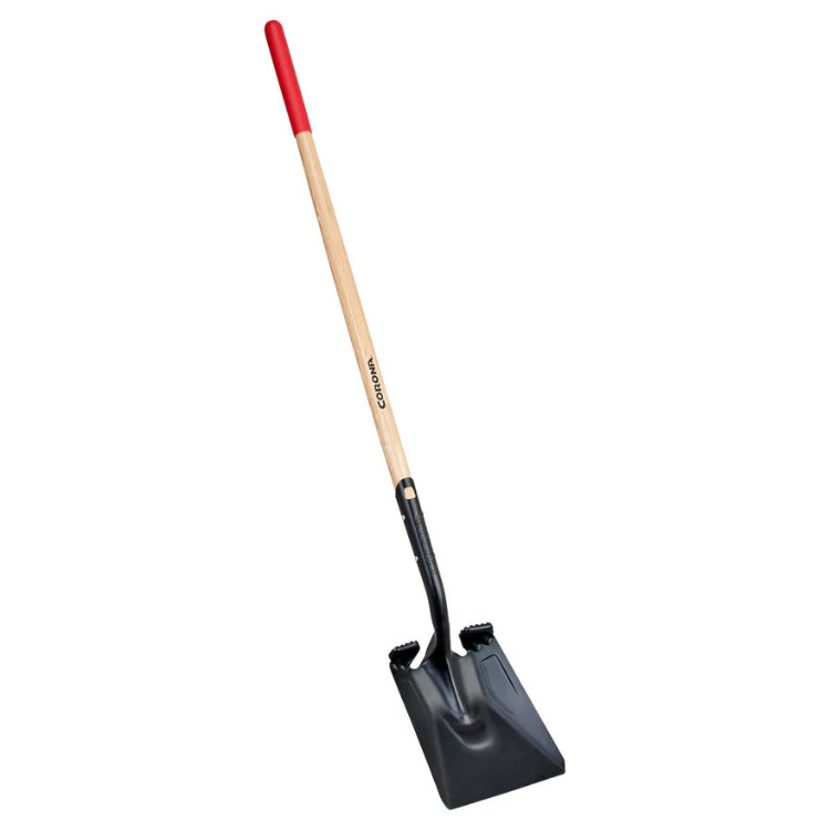 Corona Boron square point shovel with red anti-slip grip, ash hardwood handle, and square steel blade.
