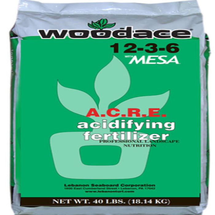 Woodace ACRE 12-3-6 acidifying fertilizer, 40 lb bag, for professional landscaping.
