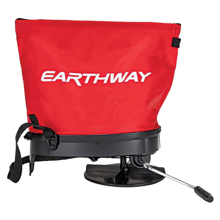 Earthway bag spreader alternate angle showing crank handle and spreader plate.