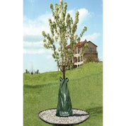 DeWitt tree watering bag wrapped around a young flowering tree in a landscaped mound.