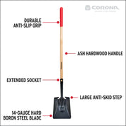 Feature callouts on Corona square point shovel: anti-slip grip, ash hardwood, extended socket, anti-skid step, 14-gauge boron steel blade.