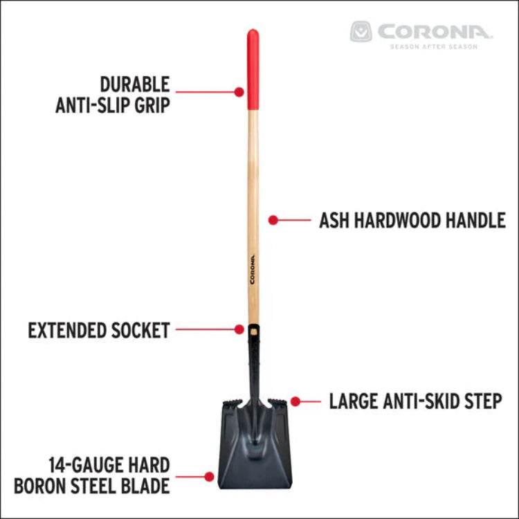 Feature callouts on Corona square point shovel: anti-slip grip, ash hardwood, extended socket, anti-skid step, 14-gauge boron steel blade.
