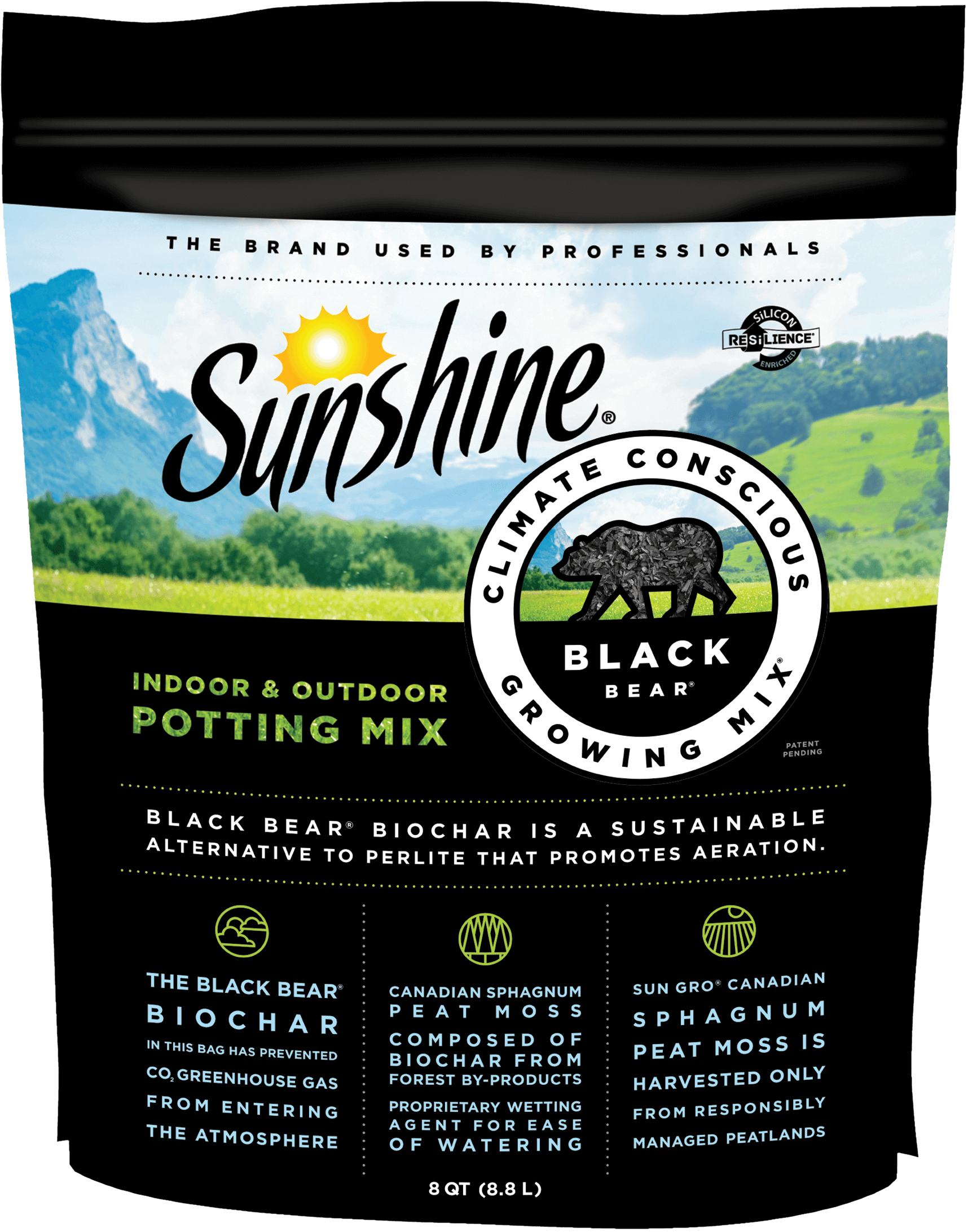 Sunshine Black Bear Indoor and Outdoor Potting Mix in 8 quart bag featuring biochar growing mix.
