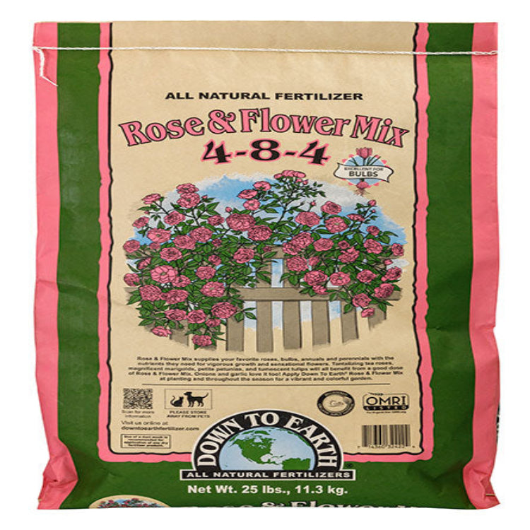 Down To Earth Rose & Flower Mix 4-8-4 all-natural fertilizer in 25 lb bag, OMRI listed.